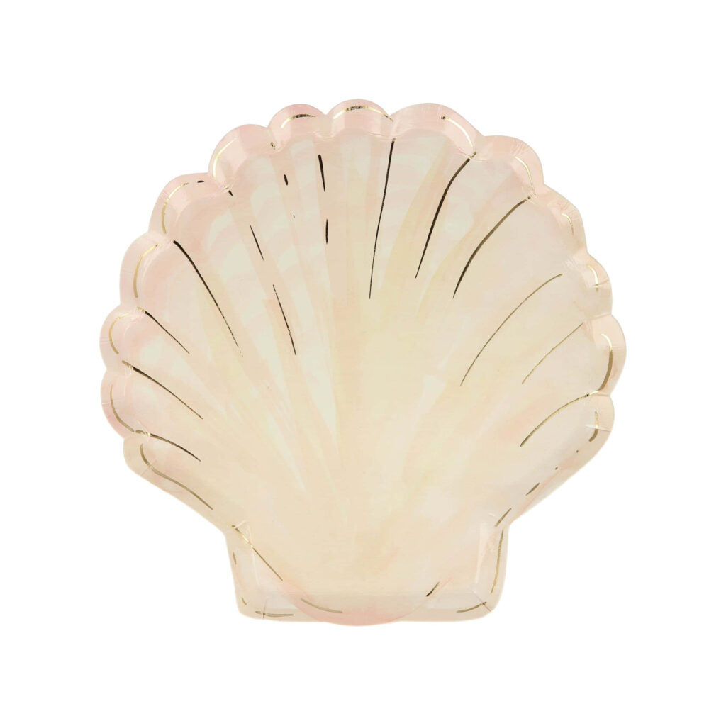 Elegant pearlescent clam shell wallpaper with pastel hues and gold accents coastal decor background