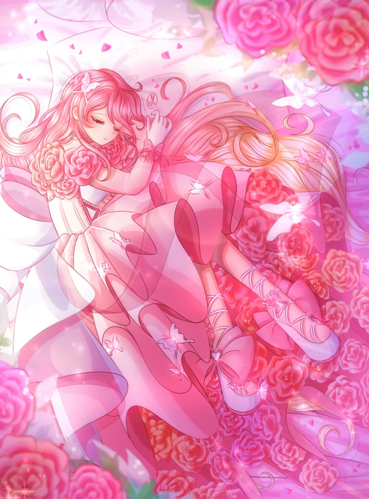 Romantic Character in Pink Dress Among Roses - Dreamy Wallpaper