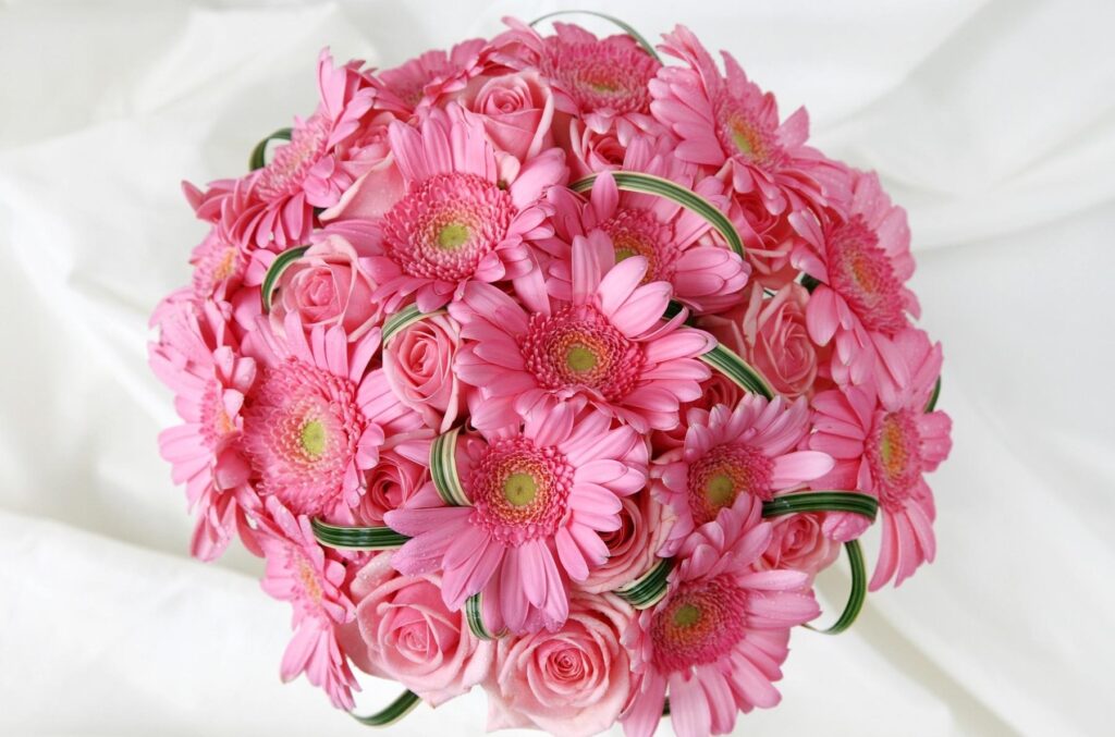 Elegant Pink Gerbera and Rose Bouquet Wallpaper for Serene Spaces