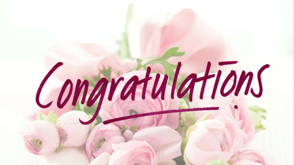Elegant wallpaper with soft pink Ranunculus flowers and Congratulations in magenta cursive script