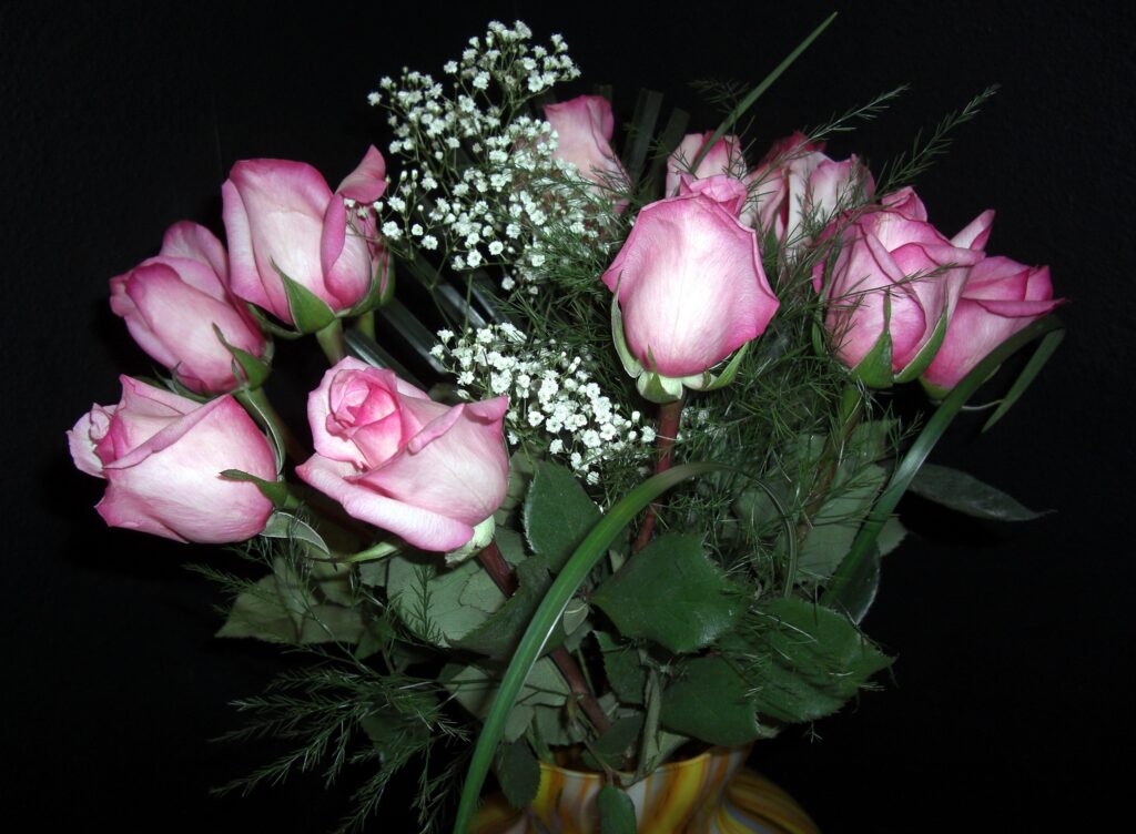 Elegant Pink Roses & Gypsophila Vase Wallpaper on Dark Background