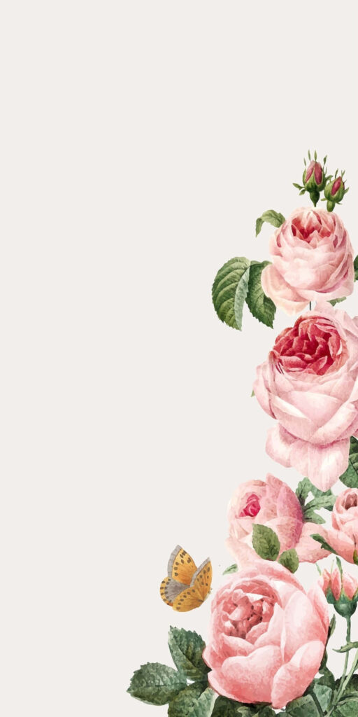Elegant Pink Roses Wallpaper with Whimsical Butterfly Accent