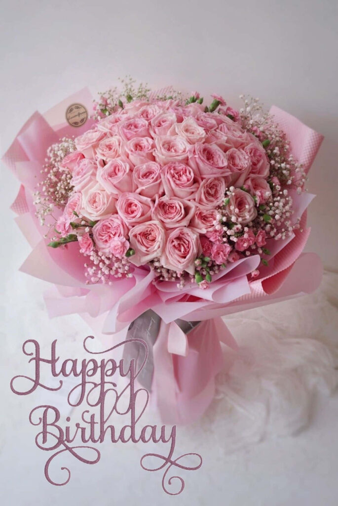 Elegant Pink Roses Bouquet Wallpaper with Happy Birthday Message