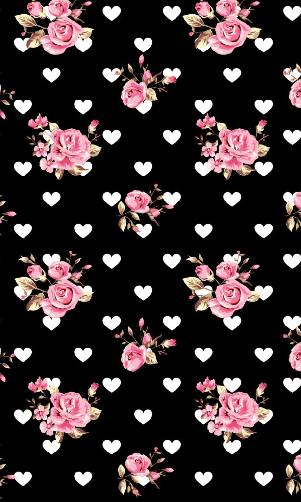 Elegant Pink Roses & White Hearts Wallpaper on Black Background