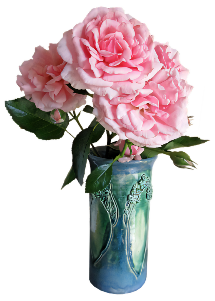 Elegant Pink Roses in Blue Vase with Lush Greenery - Stunning Display Wallpaper