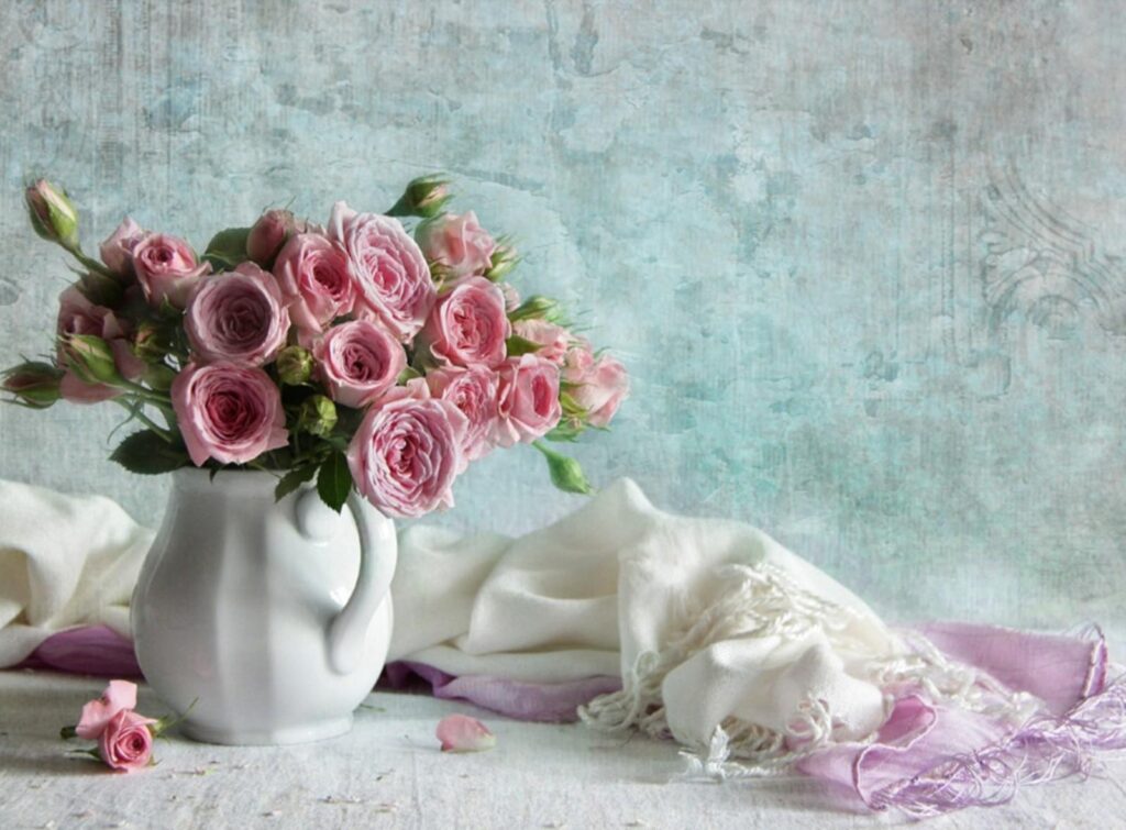 Soft Pink Roses in White Vase: Elegant Floral Wallpaper Design