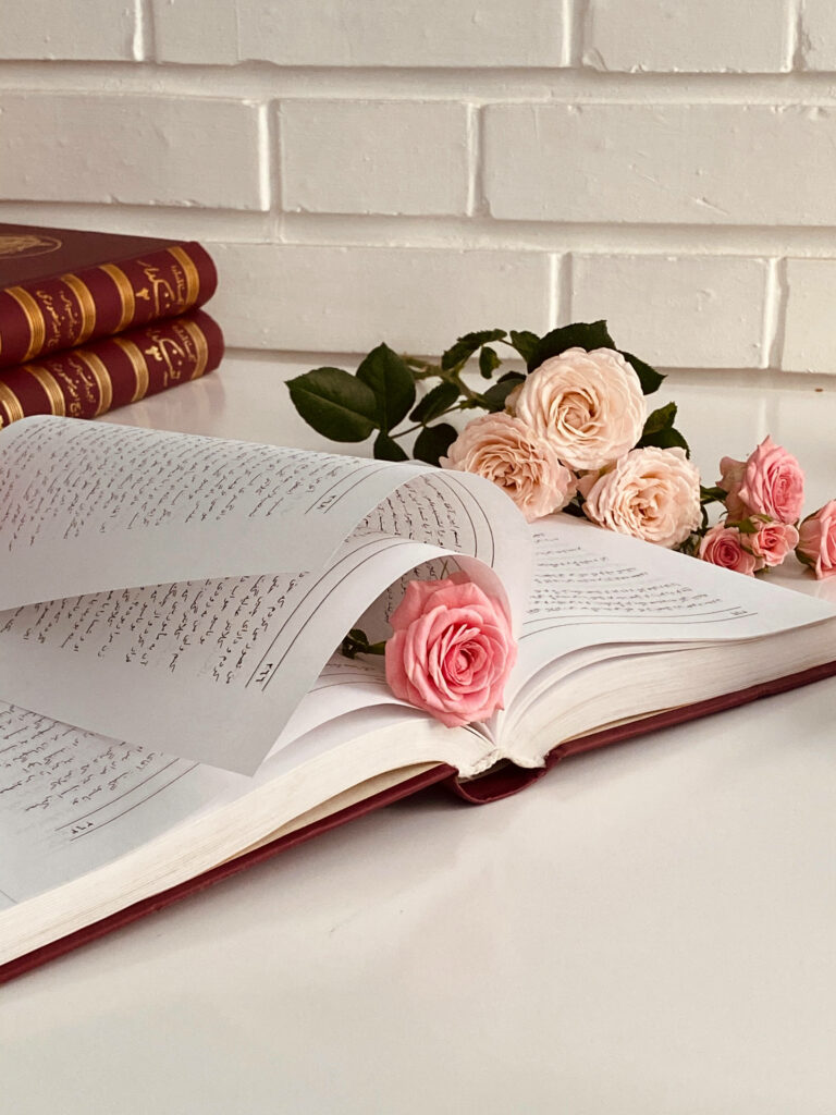 “Elegant Pink Roses on an Open Book - Serene Floral Wallpaper”