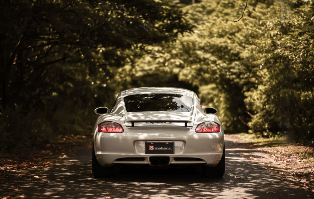 Elegant Porsche Cayman S in Serene Greenery - Rear View Wallpaper
