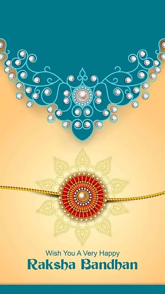 Elegant Raksha Bandhan greeting card wallpaper with colorful Rakhi and teal jewel motif background