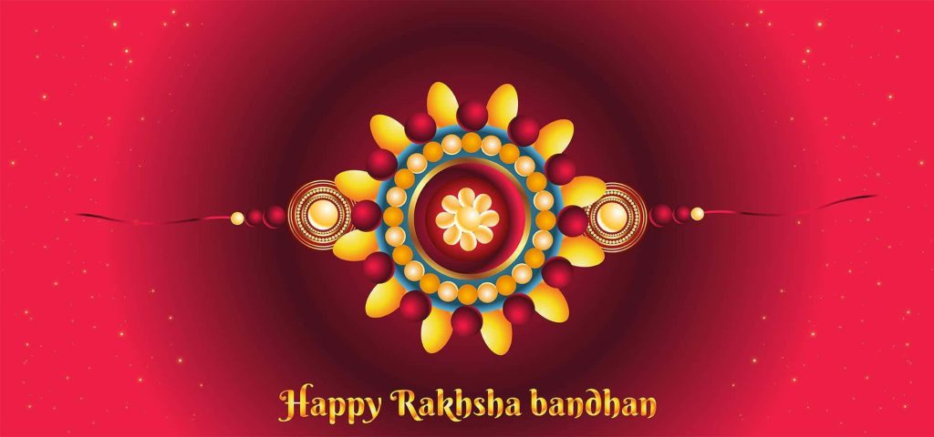 Elegant gold and red Rakhi on gradient red background with festive sparkles for Raksha Bandhan Wallpaper