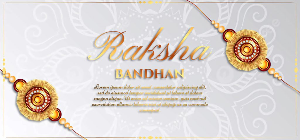 Elegant Raksha Bandhan card with gold red rakhis and festive golden typography on white Wallpaper