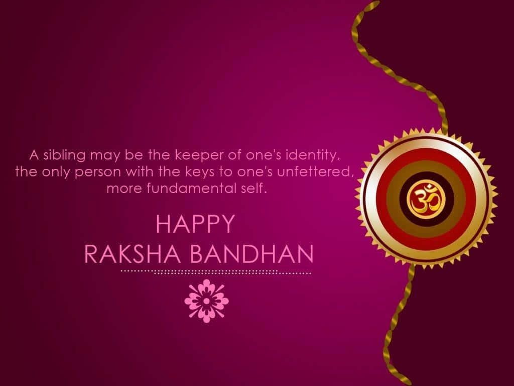 Elegant Raksha Bandhan wallpaper with traditional Om Rakhi on vibrant magenta background and quote