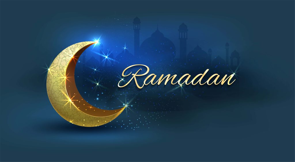 Elegant Ramadan wallpaper with golden crescent moon mosque silhouette deep blue background
