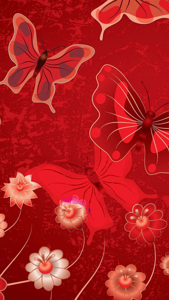 Elegant Red Butterfly Wallpaper: Vibrant Floral Design Background