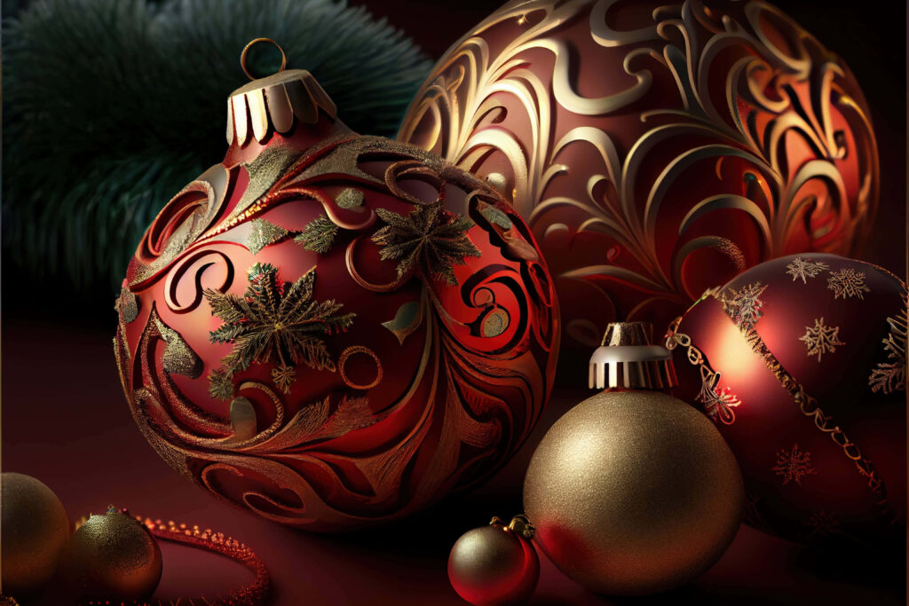 Elegant Red Christmas Balls with Golden Patterns - Holiday Wallpaper