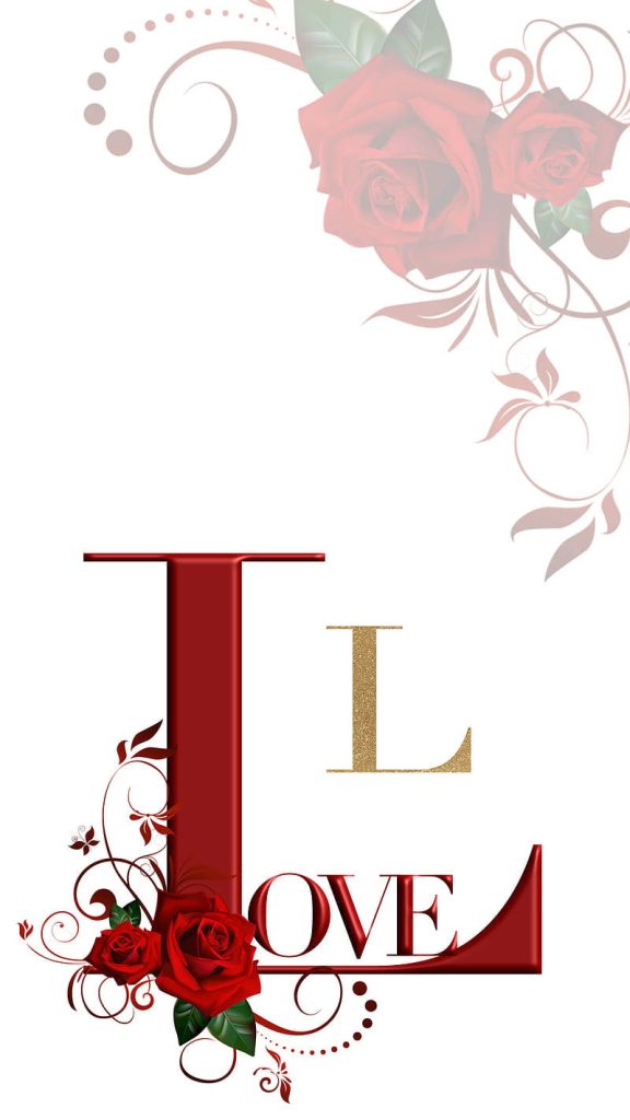Elegant digital wallpaper with stylized red L and vibrant roses in floral design background