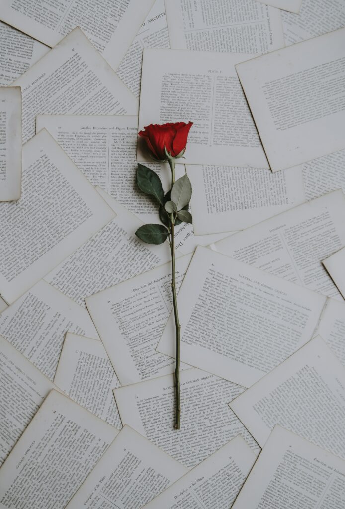 Elegant Red Rose on Scattered Pages: A Poetic Romance Scene Wallpaper