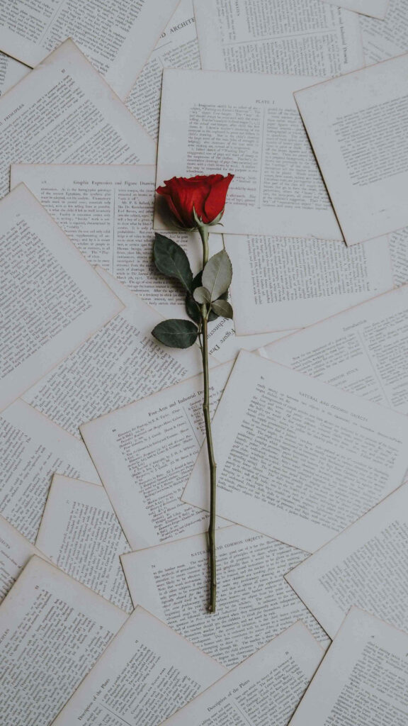 Elegant Red Rose on Book Pages - Romantic Literary Phone Wallpaper