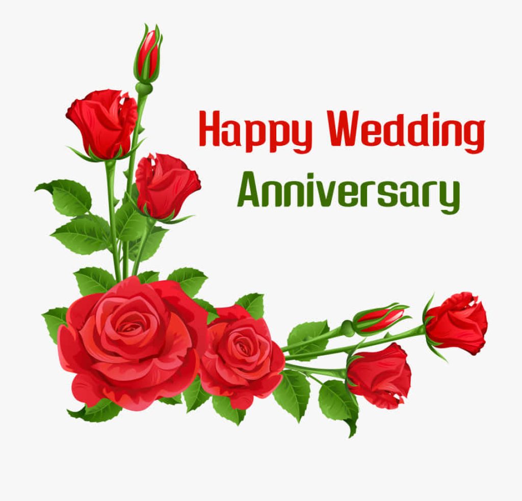 Elegant wedding anniversary wallpaper with red roses green leaves and romantic greeting text