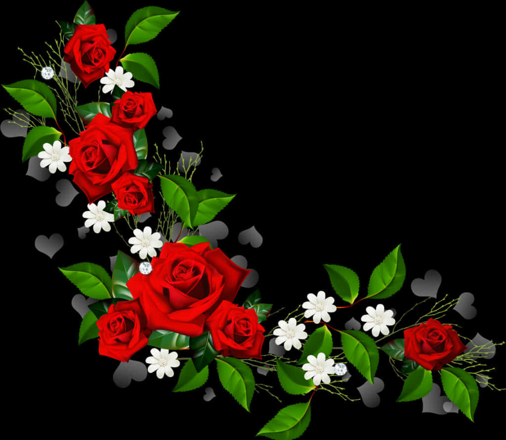 Elegant Red Roses & White Flowers on Black Wallpaper Background