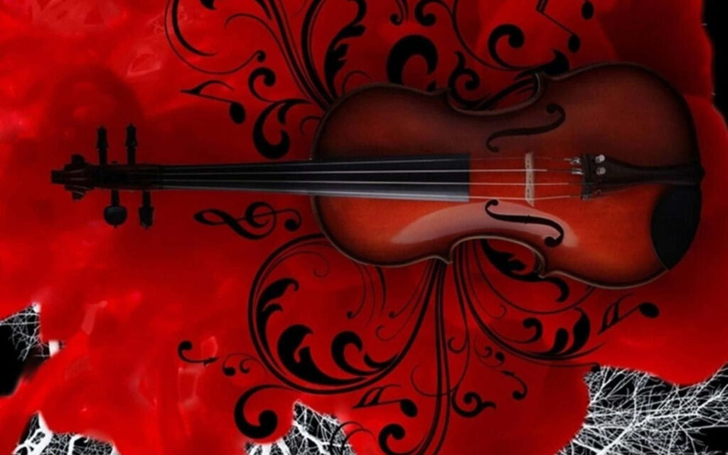 Elegant Red Violin Wallpaper with Intricate Patterns & Vibrant Background