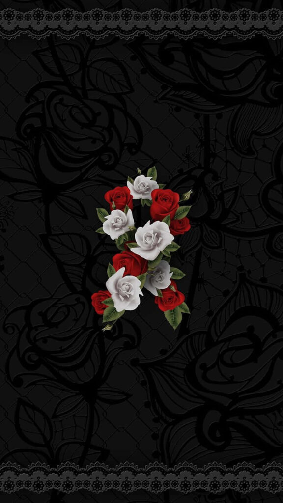 Elegant Red & White Roses Wallpaper with Lace Border on Black Background