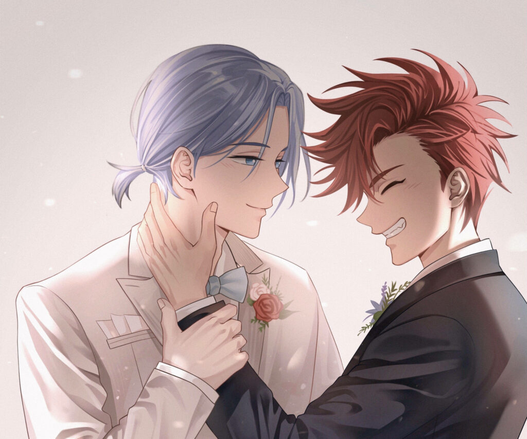 Elegant Reki & Langa Wallpaper: Joyful Moment in Formal Attire