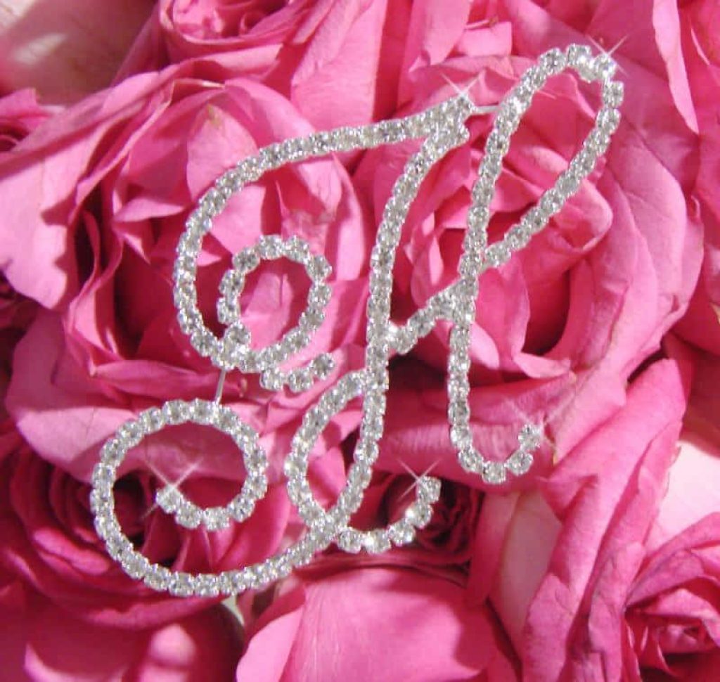 Rhinestone letter H on vibrant pink roses floral wallpaper with sparkling crystal typography