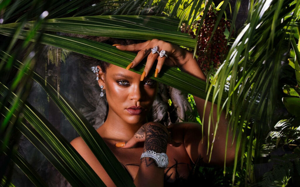 Rihanna in Lush Greenery: Elegant HD Wallpaper Background