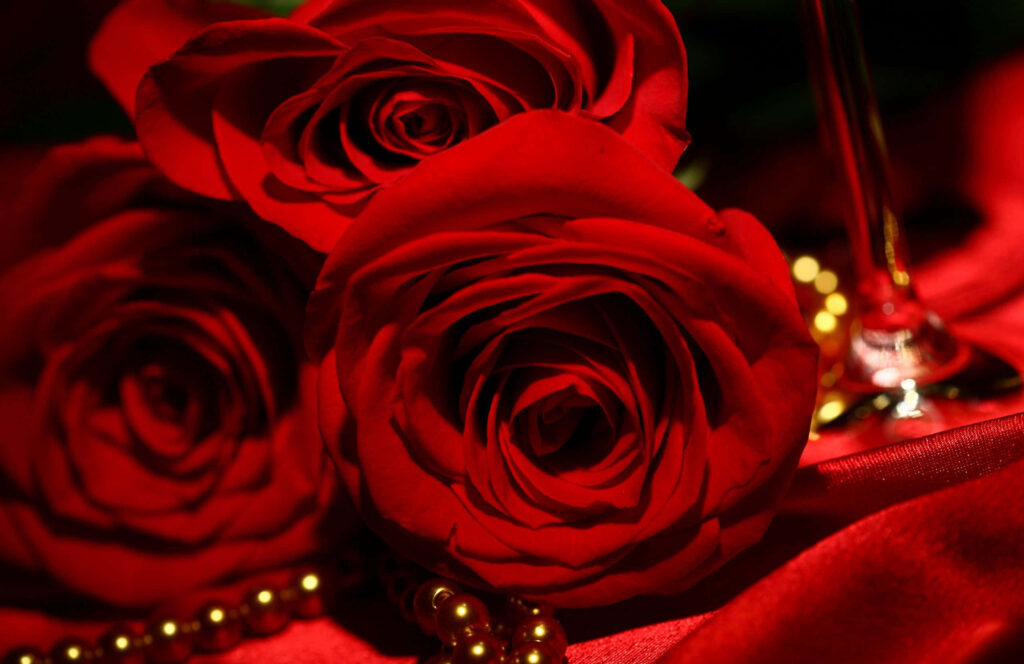 Elegant Dinner Table Wallpaper with Vibrant Red Roses & Gold Accents
