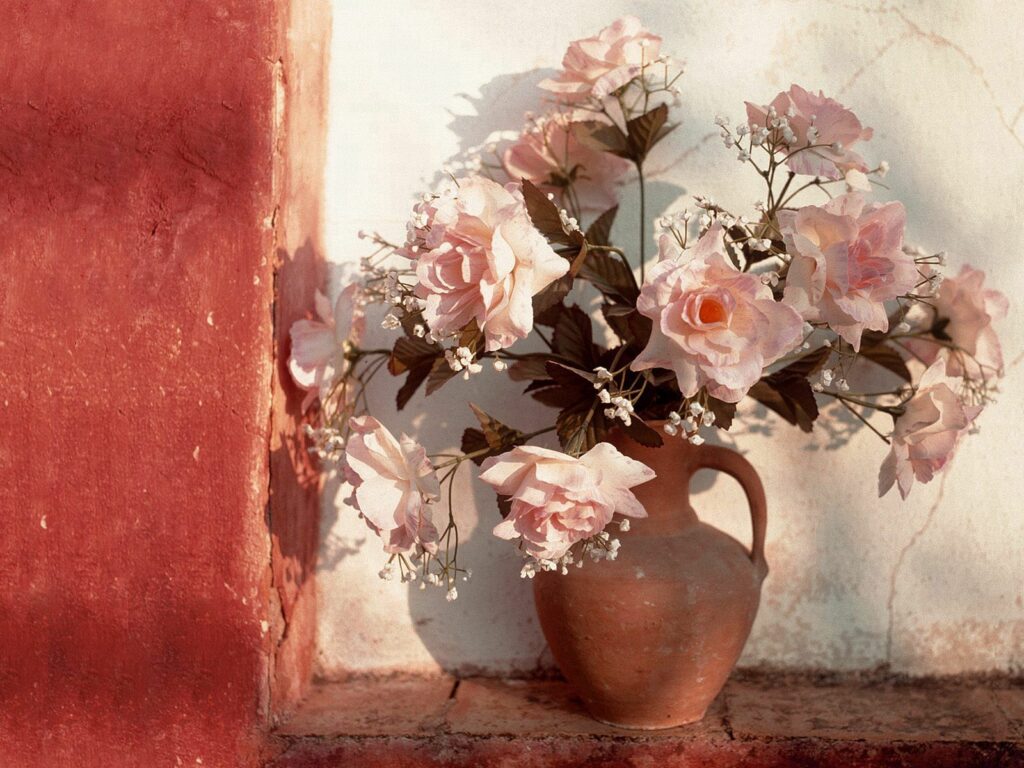 Rustic Wallpaper: Pink Roses & Gypsophila in Ceramic Pitcher