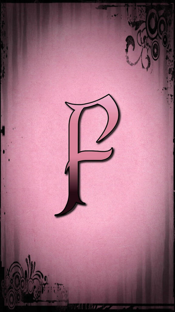 Elegant script letter F wallpaper on textured pink background with black floral corner designs