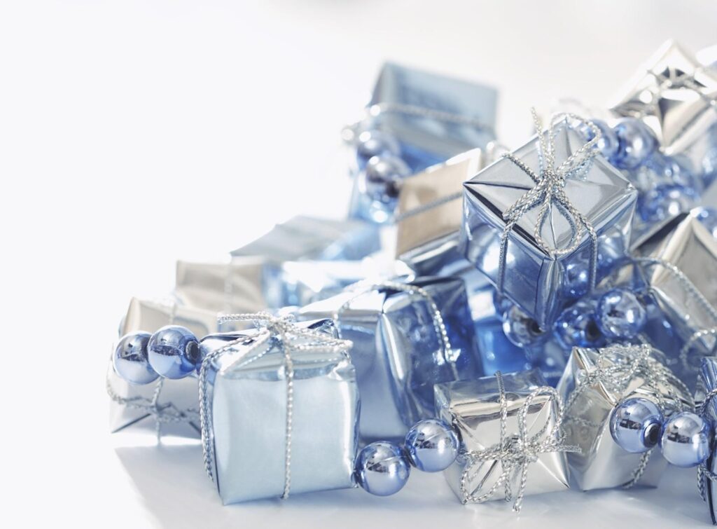 Elegant Silver & Blue Gift Box Wallpaper Background for a Festive Look