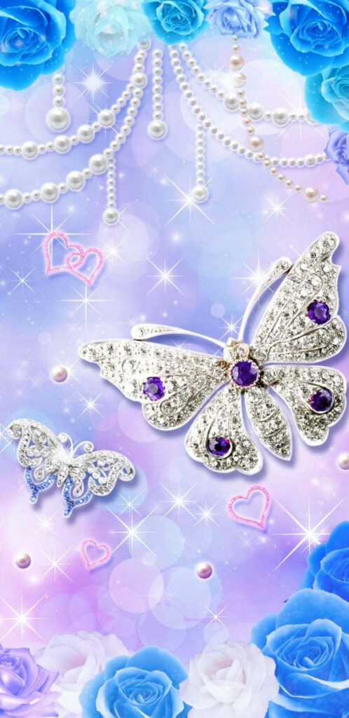 Elegant Silver Butterfly with Gemstones on Dreamy Pink Wallpaper