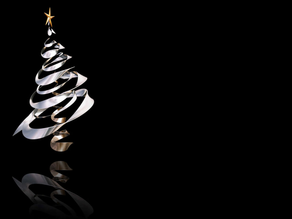 Elegant Silver Spiral Ribbon Christmas Tree Wallpaper on Black Background