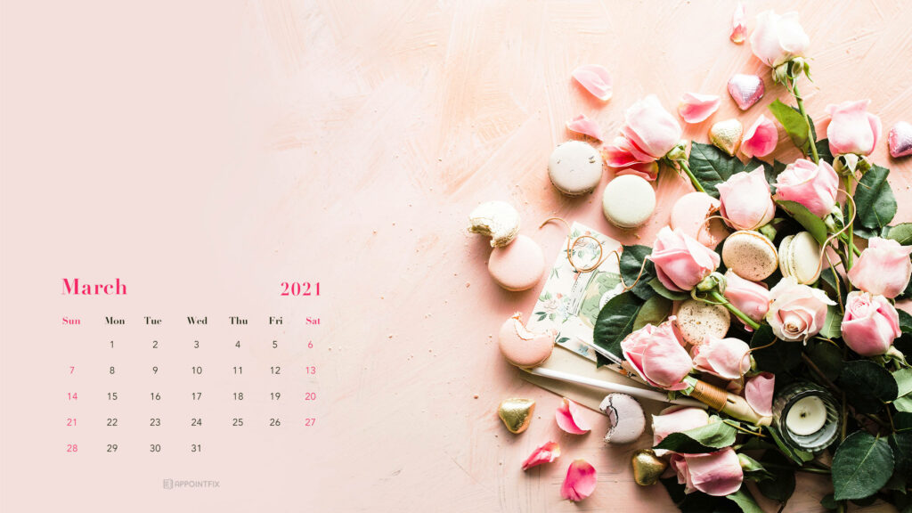 Elegant Pink Background with March 2021 Calendar & Roses Design Wallpaper