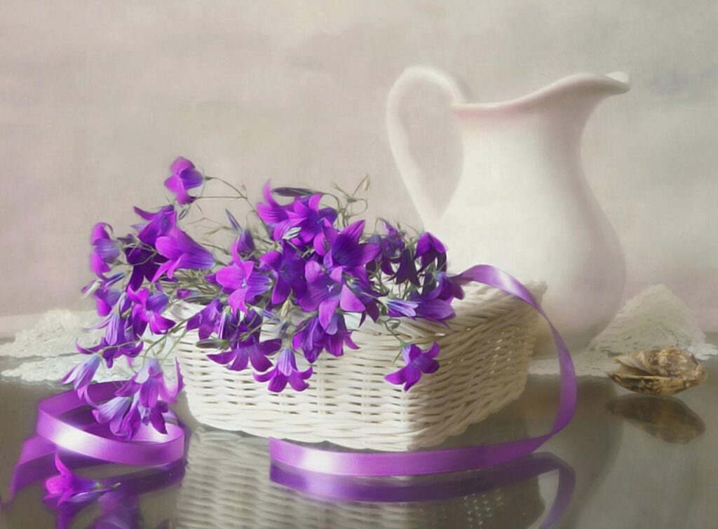 Elegance in Purple: Serene Still Life Wallpaper with Wicker Basket