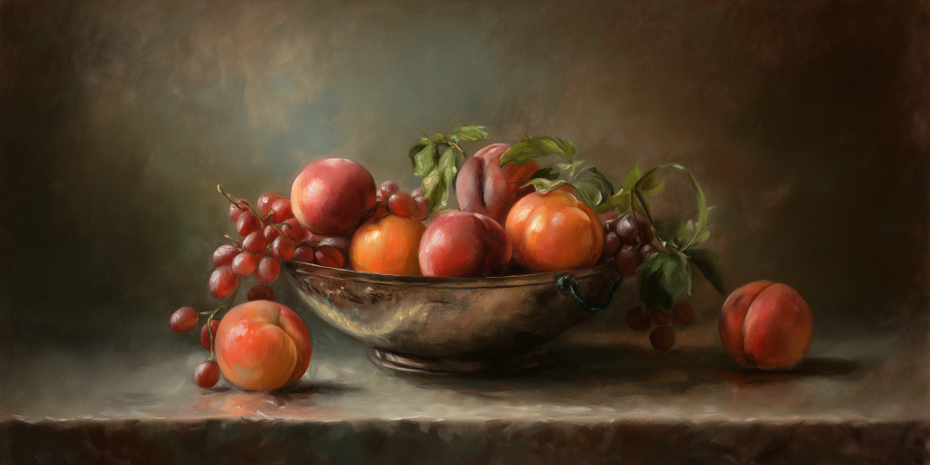 Still life wallpaper of ripe peaches and grapes in metallic bowl oil painting style background