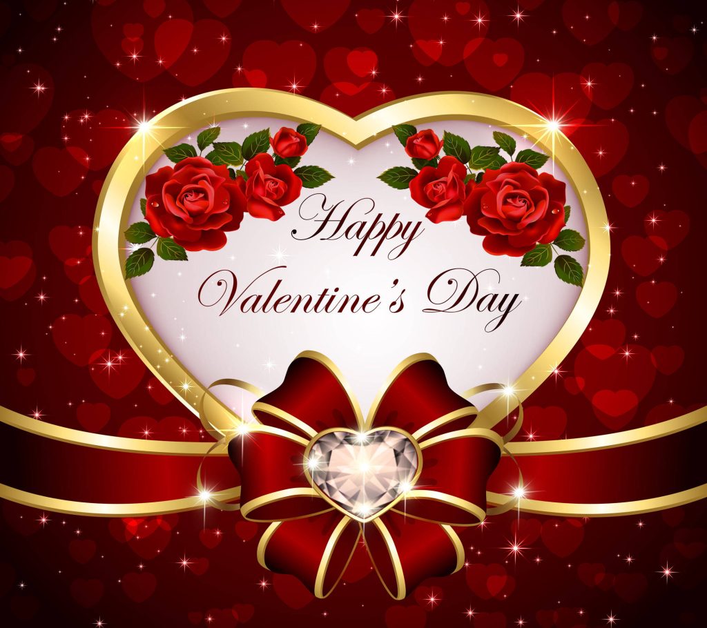 Golden heart frame with red roses and satin bow on sparkling dark red Valentine’s Day background Wallpaper