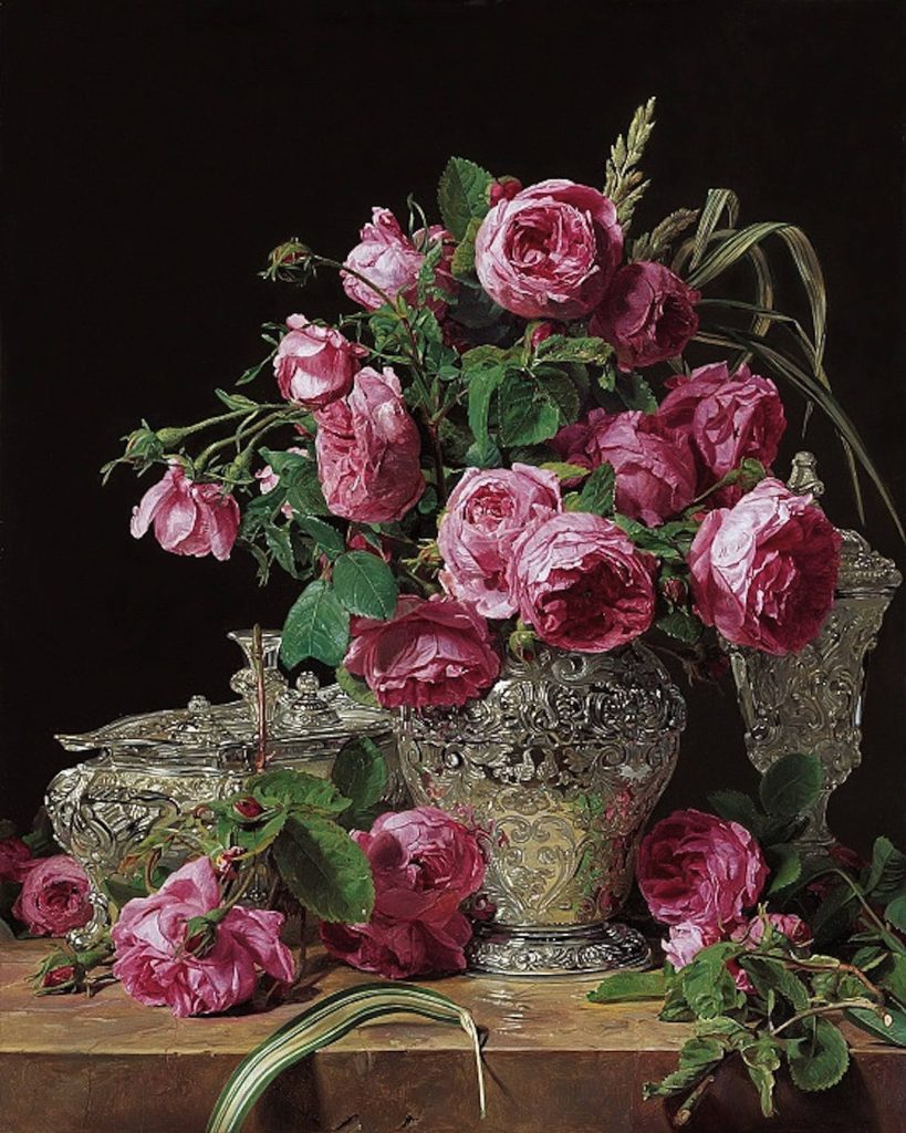 Elegant still life of vibrant pink roses in antique Victorian silver vase with polished silverware Wallpaper