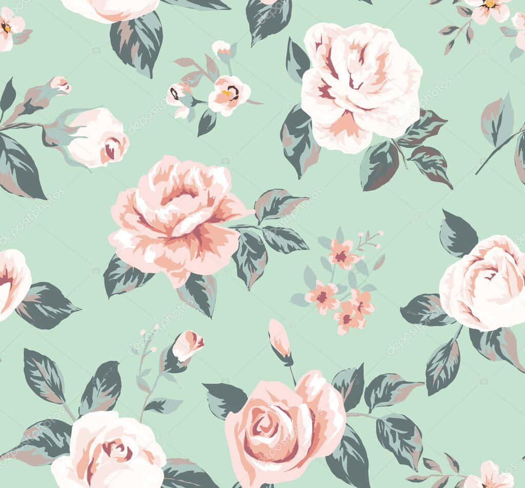 Vintage Floral Wallpaper: Soft Pink Roses on Gentle Blue Background