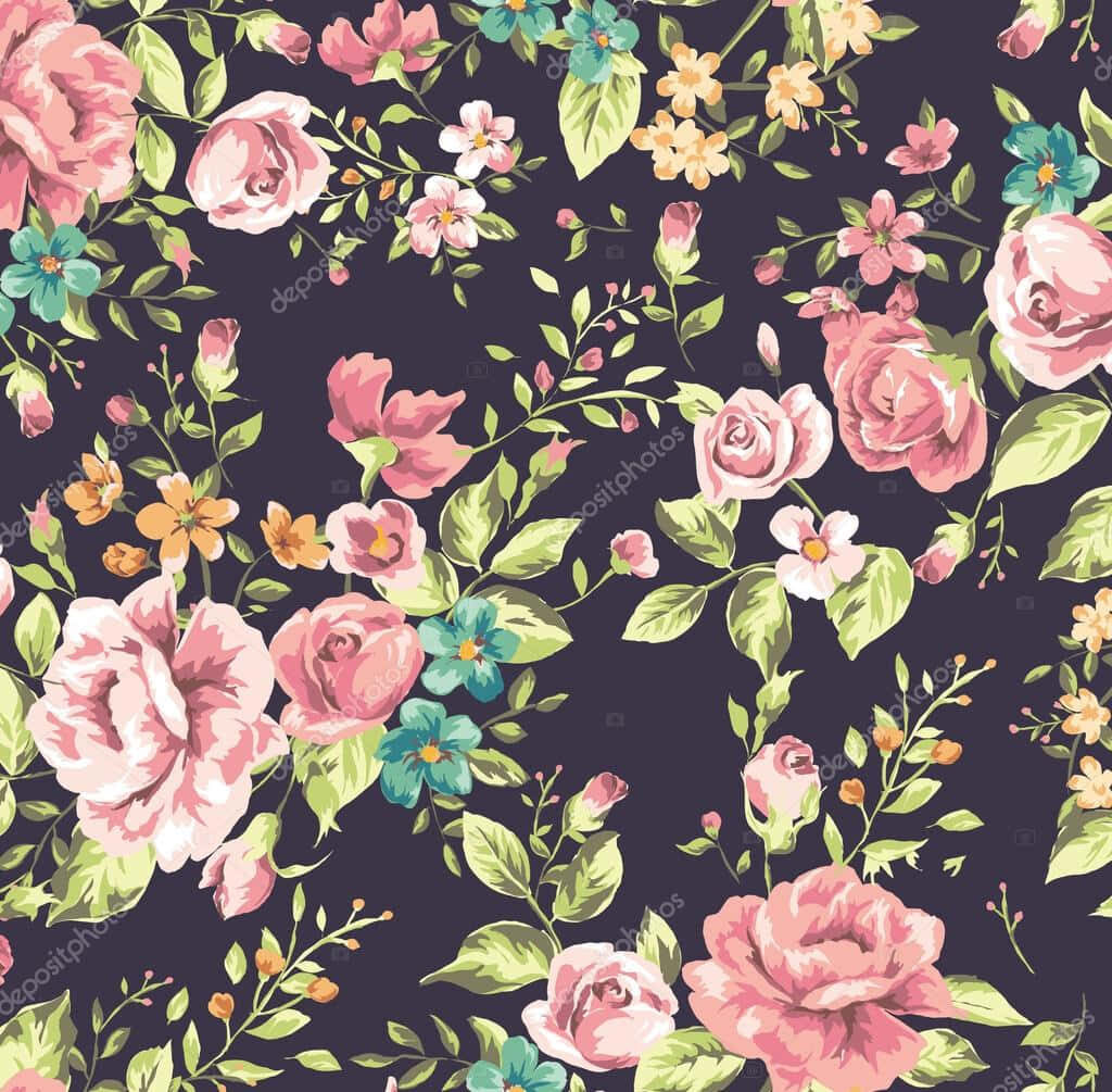 Elegant Vintage Flower Wallpaper: Pink Roses & Colorful Blossoms