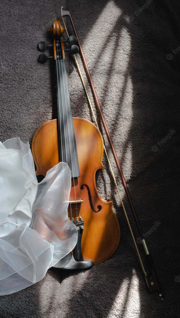 Elegant Violin Wallpaper: Artistic Composition on Textured Carpet