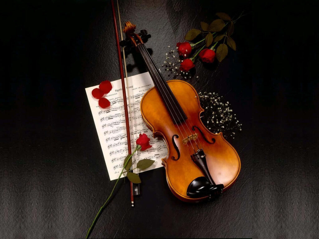 Elegant Wooden Violin Wallpaper with Roses & Music on Black Surface