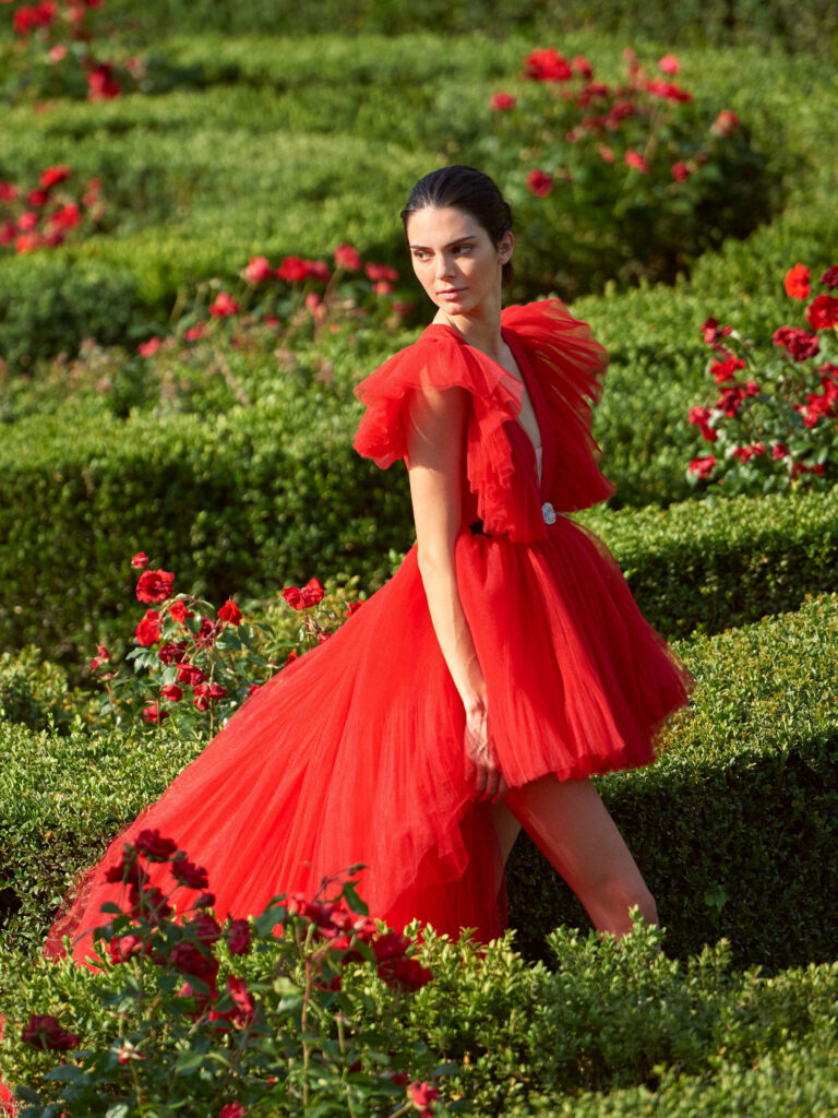 Kendall Jenner in Red Gown: Elegant Wallpaper with Vibrant Roses