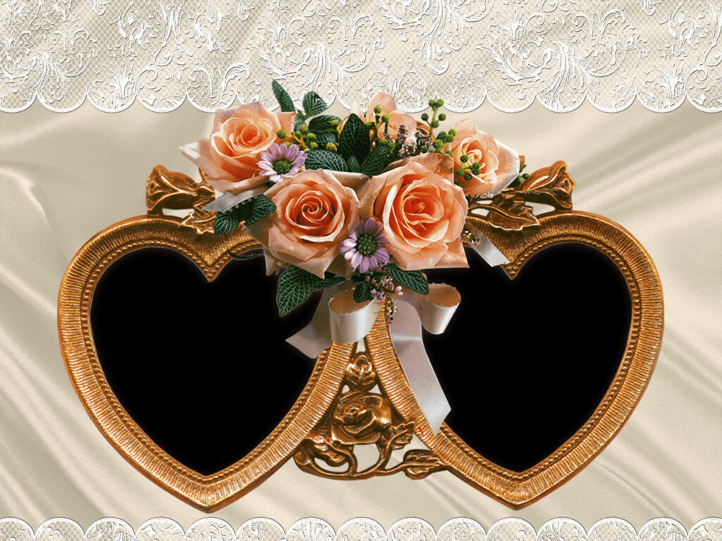 Elegant Wedding Album Wallpaper with Twin Heart Frames & Roses
