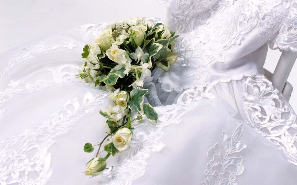 Elegant Wedding Flower Wallpaper: White Roses & Lace Background