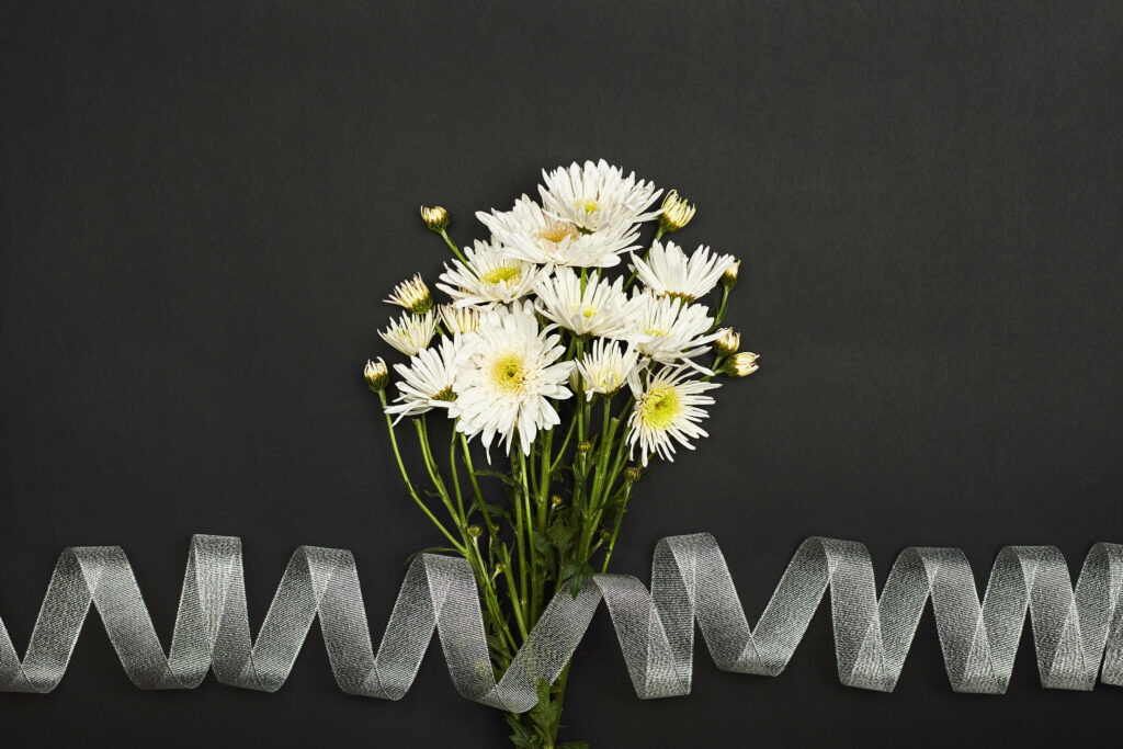Elegant White Chrysanthemums Wallpaper with Silver Ribbon Background