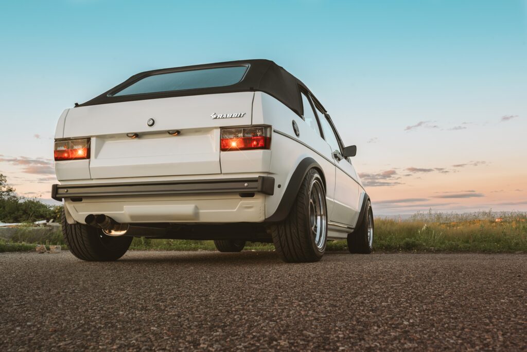Stylish White Convertible Car Rear View Against Clear Sky Background Wallpaper