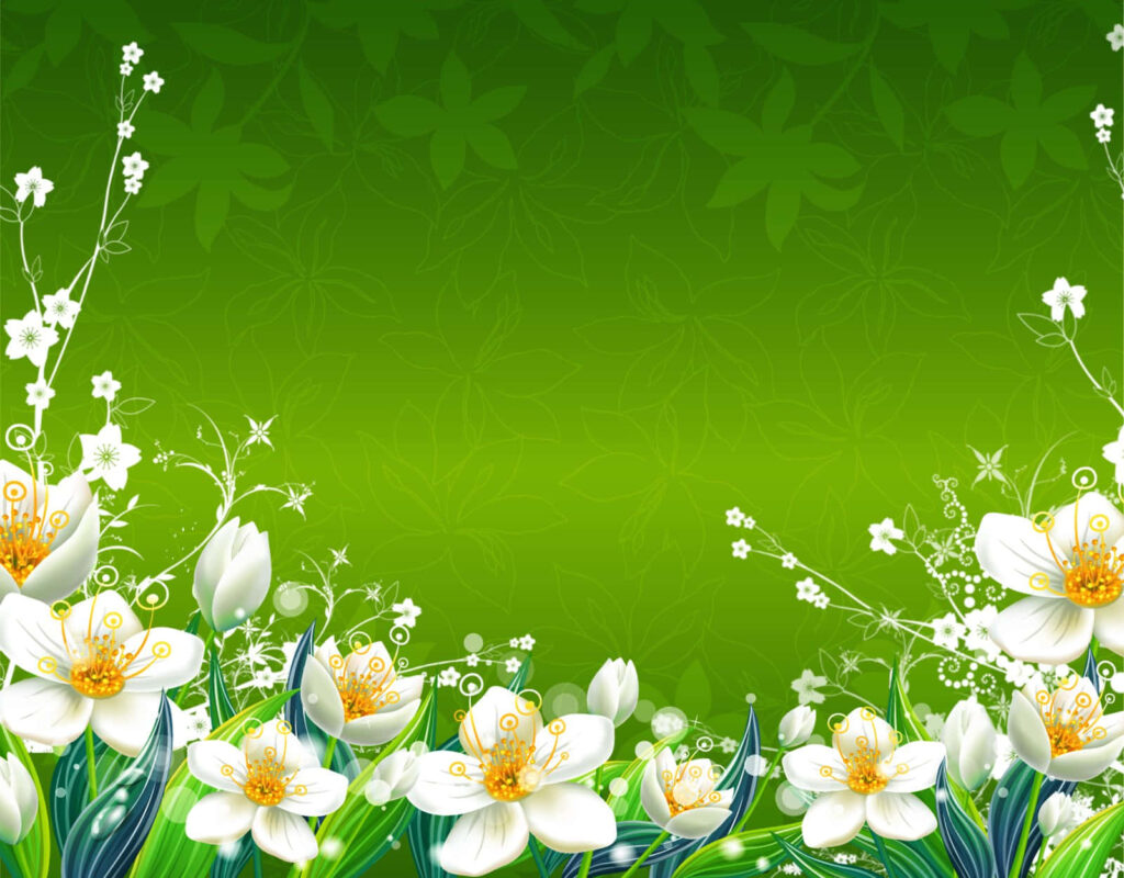 Elegant White Flowers on Rich Green Floral Background Design Wallpaper